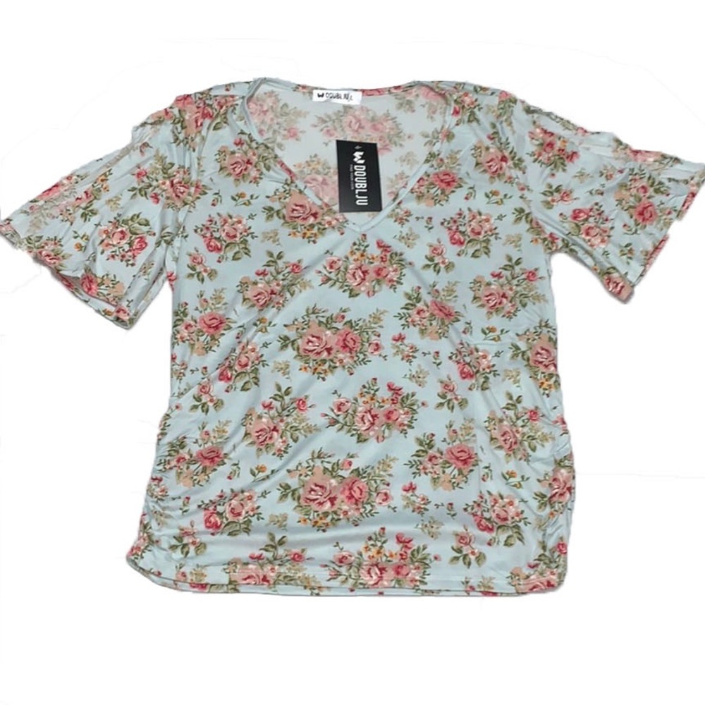 Blue Floral Split Sleeves Side Ruching - HP